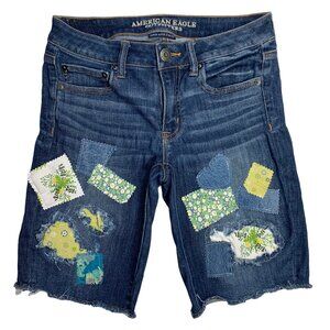 American Eagle Bermuda Jean Shorts Patchwork Boho Distressed Flower Bee 6